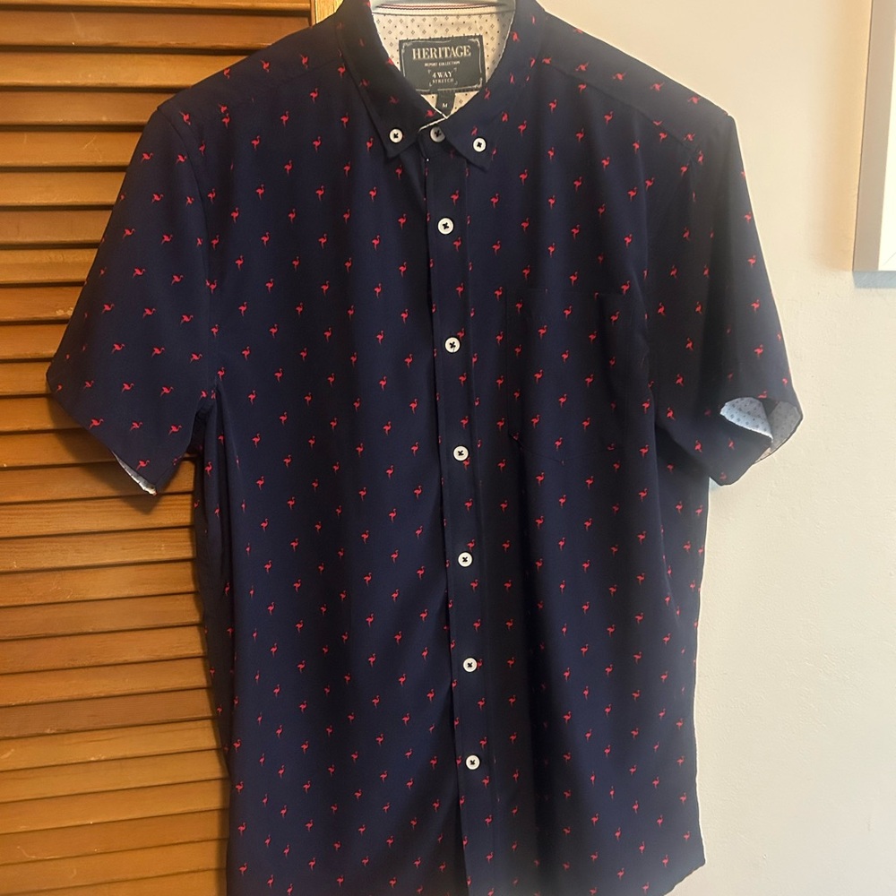 Heritage Short Sleeve Botton Down - Blue Shirt w/ Flamingo 🦩Pattern